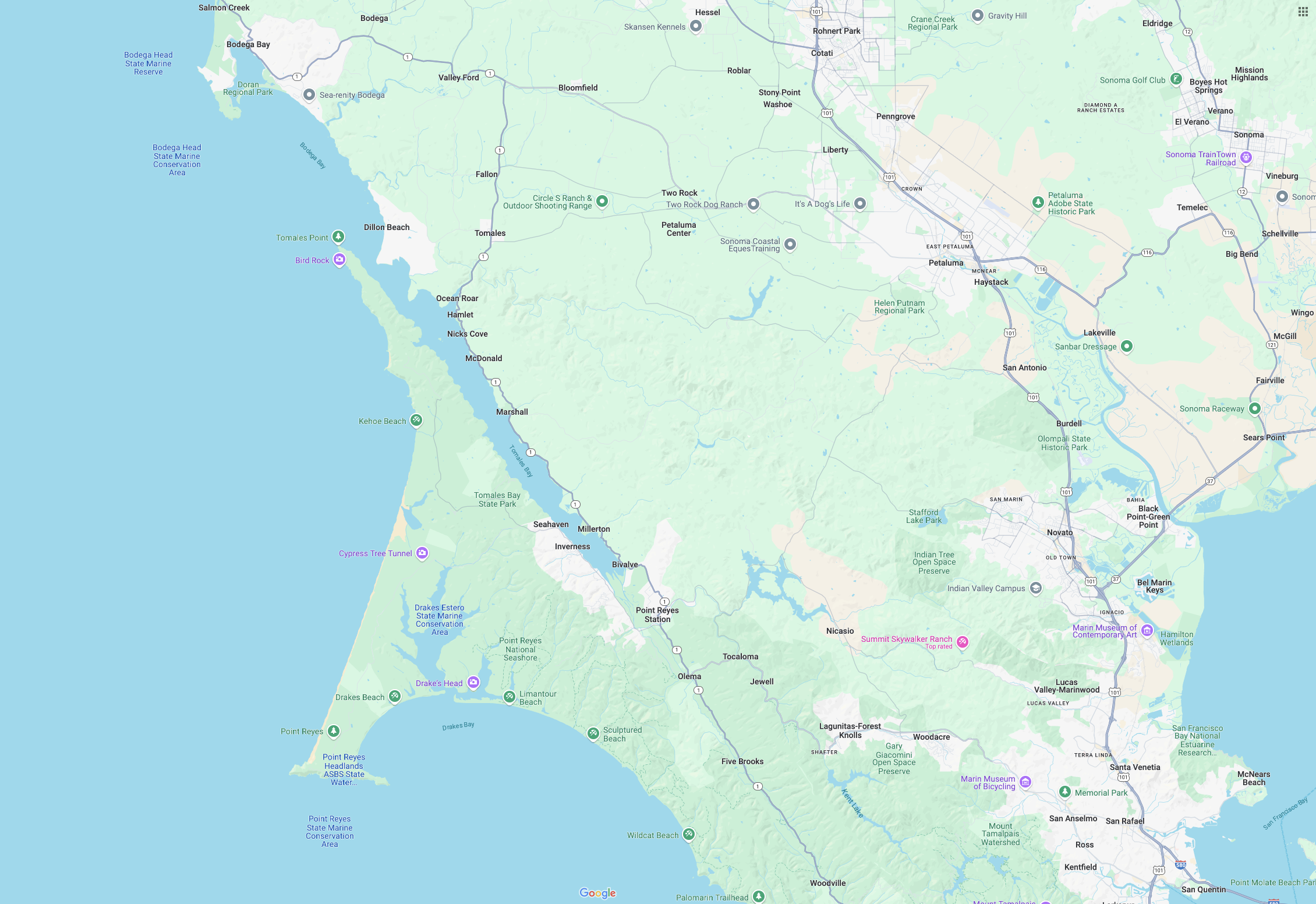 Top 10 motorcycles rides in the San Francisco Bay Area - map of Tomales Bay